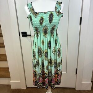 Win Win Women's Teal Smocked Sundress with Paisley Border Beach Size Small  b